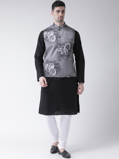 TABARD Men Black & White Solid Kurta Set with Nehru Jacket