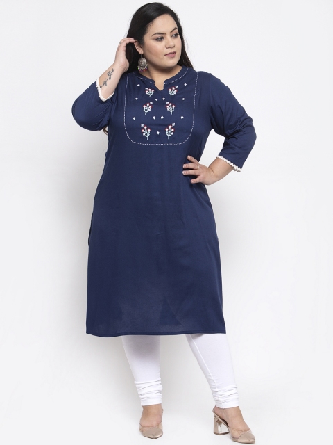 plusS Women Navy Blue Yoke Design Straight Kurta