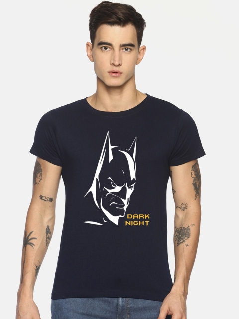 Le Bison Men Navy Blue Printed Batman Round Neck T-shirt
