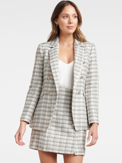 Forever New Women Cream-Coloured & Grey Checked Tailored-Fit Double-Breasted Jackson Boucle Blazer