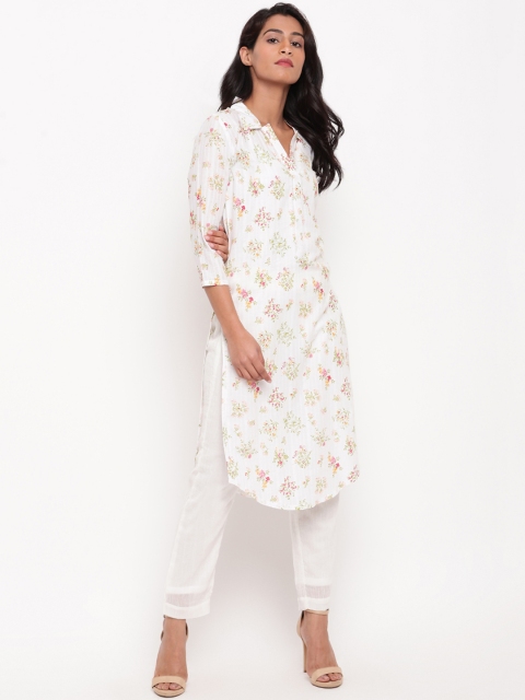 trueBrowns Women Off-White & Green Floral Printed Straight Kurta