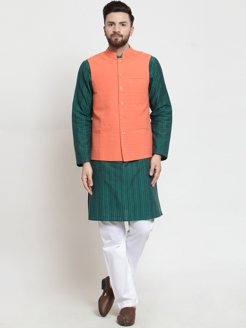 NEUDIS Men Green & White Striped Kurta Set