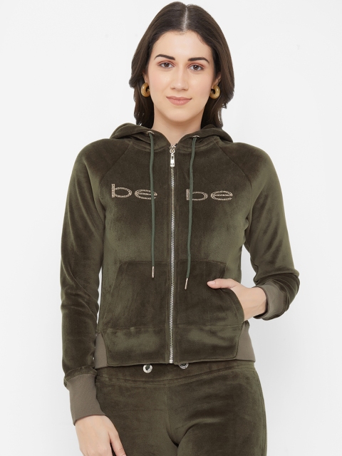 bebe Women Olive Green Solid Hooded Sweatshirt