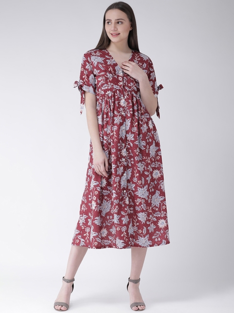 Aayna Women Maroon & Blue Floral Printed Empire Dress