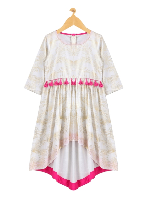 KiddoPanti Girls Cream-Coloured & Pink Printed Fit and Flare Dress