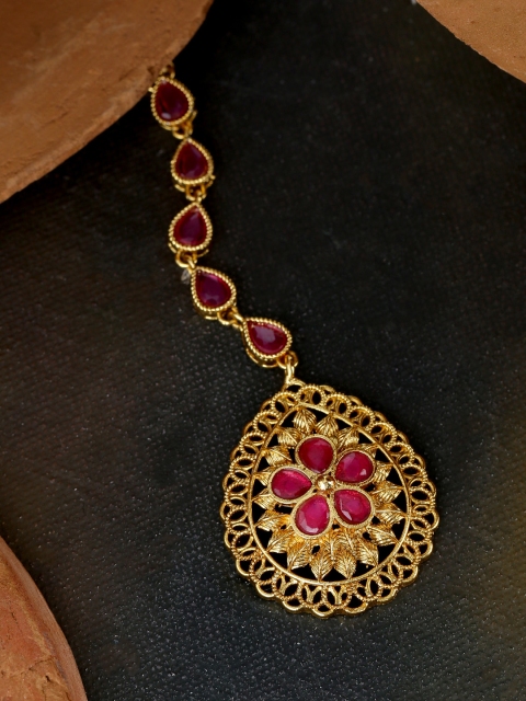Voylla Gold-Plated & Pink Stone-Studded Handcrafted Floral Motif Embossed Maang Tikka