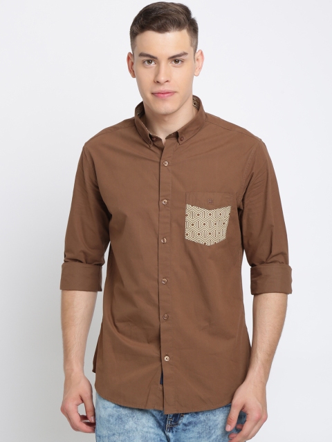 TED HARBOR Men Brown Slim Fit Solid Casual Shirt