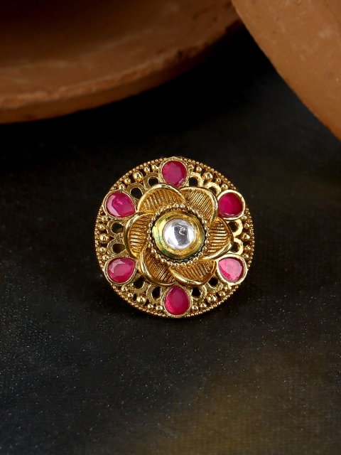 Voylla Gold-Plated Pink & White Faux Kundan Gem Adorned Statement Ring Finger Ring