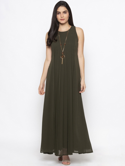 Iti Women Olive Green Solid Maxi Dress
