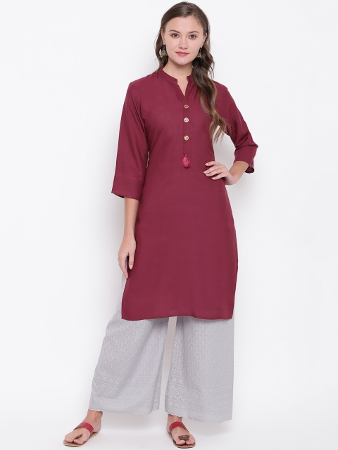 Vbuyz Women Maroon Solid Straight Kurta