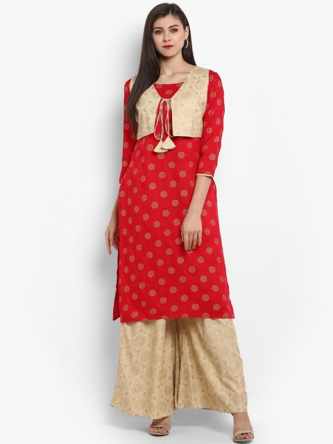 Fashion String Women Red & Beige Printed Kurta with Palazzos