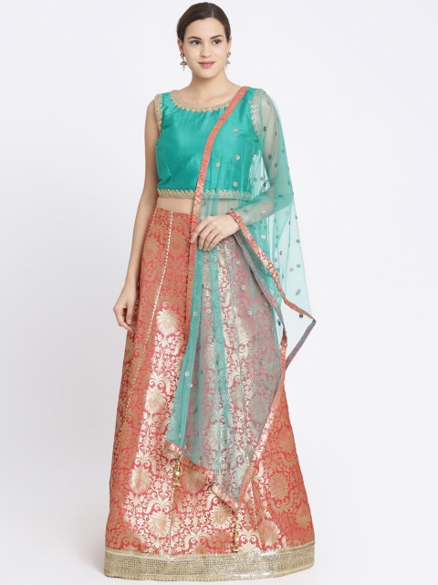 Koskii Pink & Blue Embroidered Ready to Wear Lehenga & Blouse with Dupatta