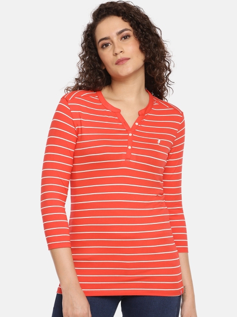 Feather Soft Elite Women Orange Striped Henley Neck T-shirt