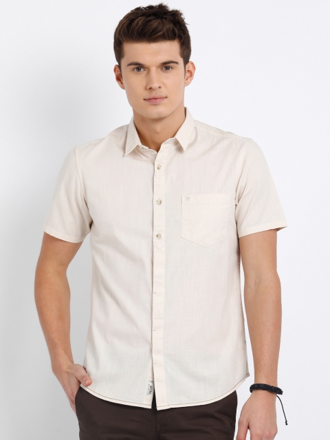 t-base Men Beige Regular Fit Solid Casual Shirt