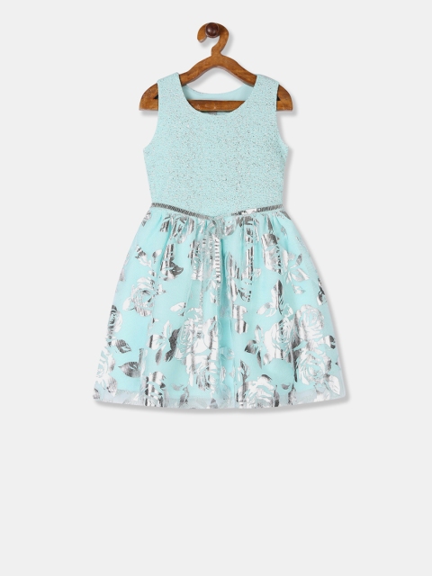 The Childrens Place Girls Turquoise Blue Floral Printed Fit and Flare Dress