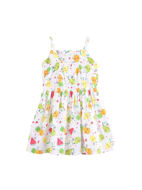Beebay Girls White & Green Printed Fit and Flare Dress