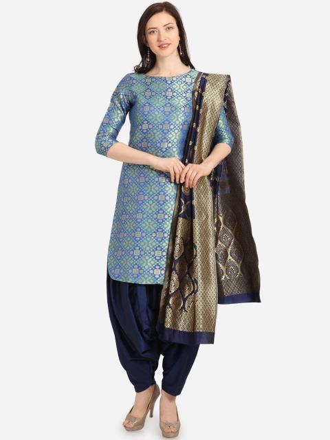 Kvsfab Sea Green & Navy Blue Silk Blend Unstitched Dress Material