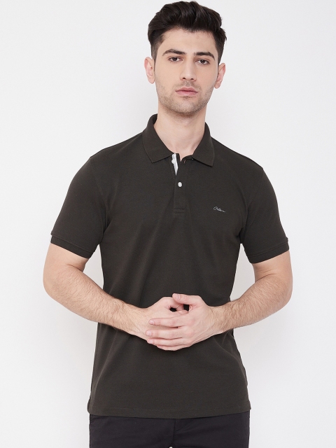 Octave Men Olive Brown Solid Polo Collar T-shirt