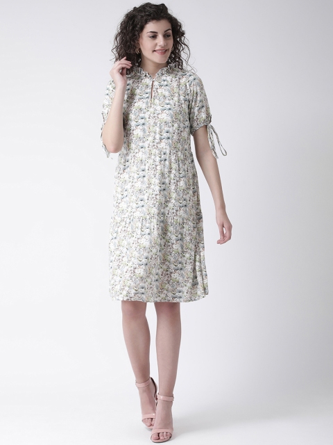 Leo Sansini Women White & Green Printed Fit and Flare Dress