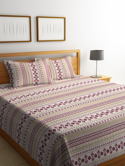 Soumya Red & Grey Printed Premium Weaving Double Bed Cover With 2 Pillow Covers