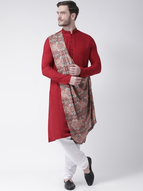 DEYANN Men Red & White Printed Kurta with Churidar & Attached Dupatta