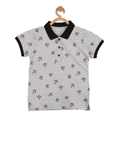 Stupid Cupid Girls Grey & Pink Printed Polo Collar T-shirt