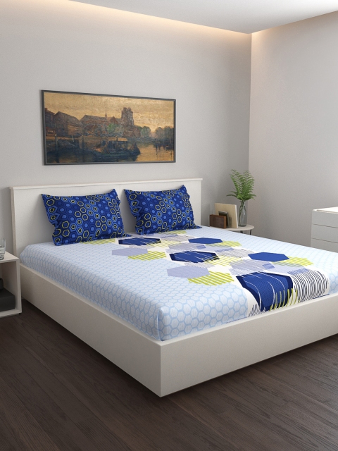 daybreak Blue & White Geometric 180 TC Cotton 1 Queen Bedsheet with 2 Pillow Covers