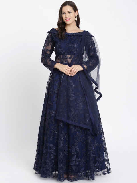 Koskii Women Navy Blue Embellished A-Line Dress with Dupatta