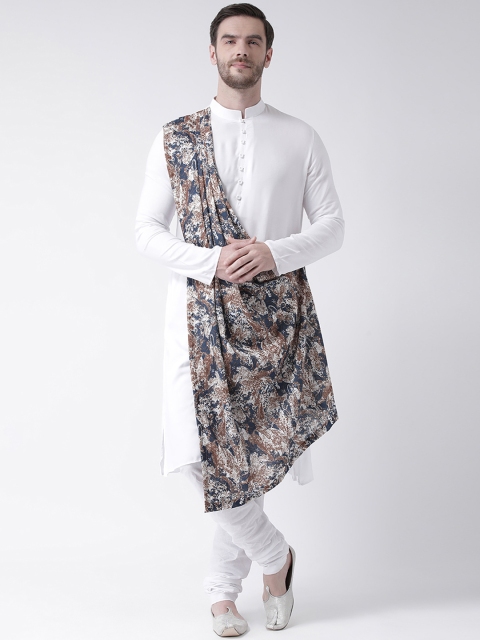 DEYANN Men White & Navy Blue Solid Straight Kurta