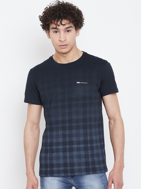 Octave Men Navy Blue Checked Round Neck T-shirt