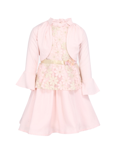CUTECUMBER Girls Pink & Beige Printed Fit and Flare Dress With Shrug