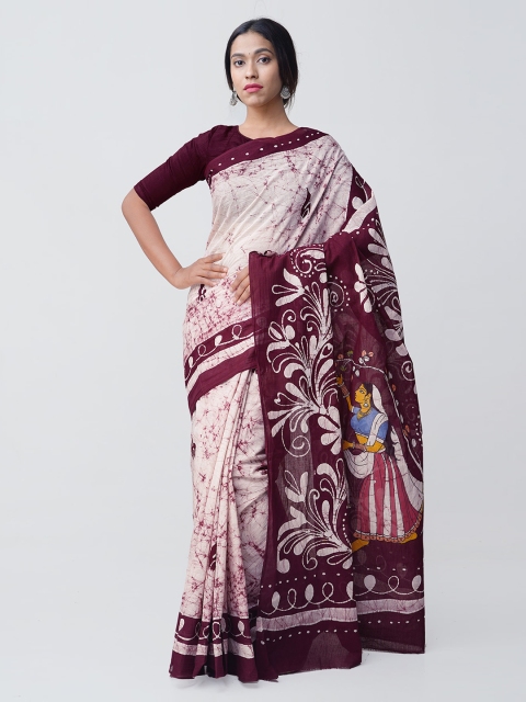 Unnati Silks Cream-Coloured & Burgundy Pure Cotton Batik Printed Sustainable Saree