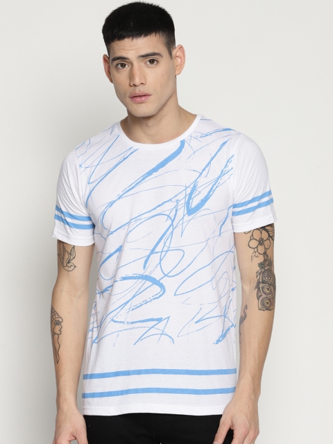 IMPACKT Men White & Blue Printed Round Neck T-shirt