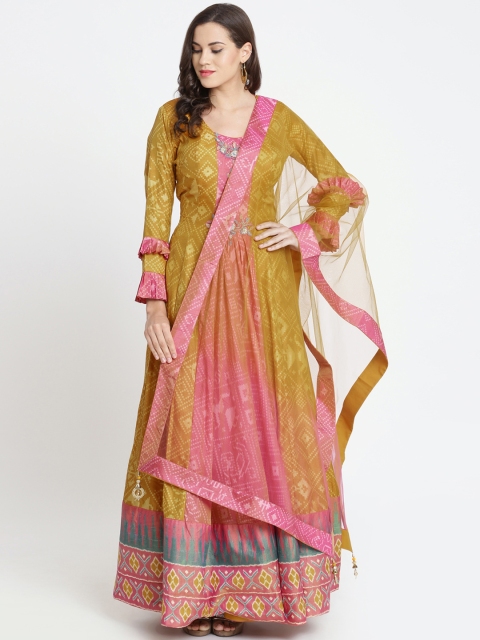 Koskii Women Mustard Yellow Printed Maxi Dress With Duppatta