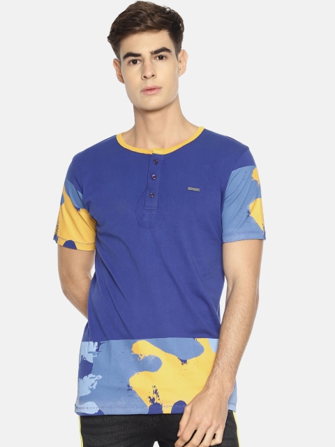 IMPACKT Men Blue & Yellow Colourblocked Henley Neck T-shirt