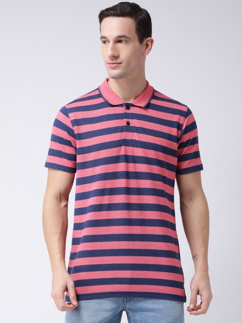 Club York Men Pink & Navy Blue Striped Polo Collar T-shirt