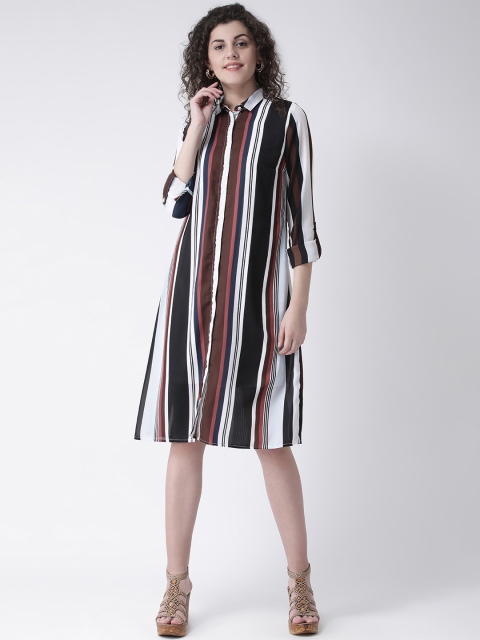 Leo Sansini Women White & Black Striped Shirt Dress