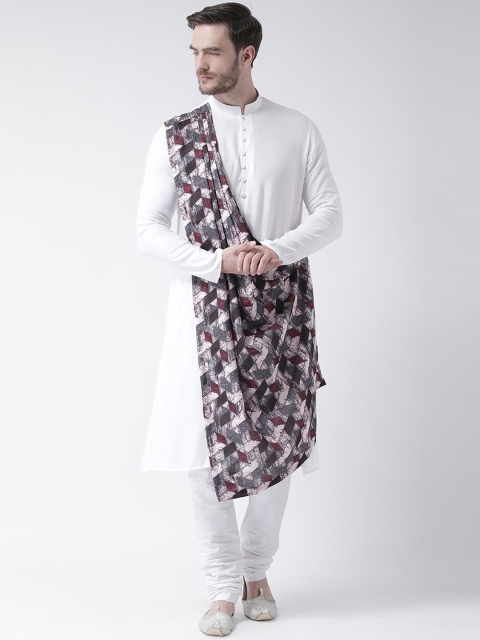 DEYANN Men White Printed Kurta with Churidar & Attached Dupatta
