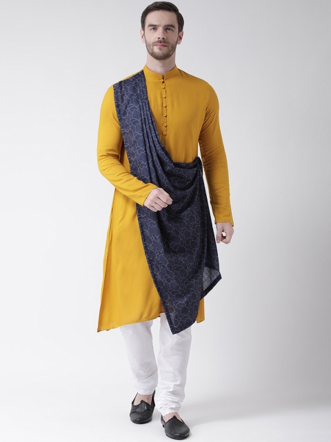 DEYANN Men Yellow & White Printed Kurta with Churidar & Attached Dupatta