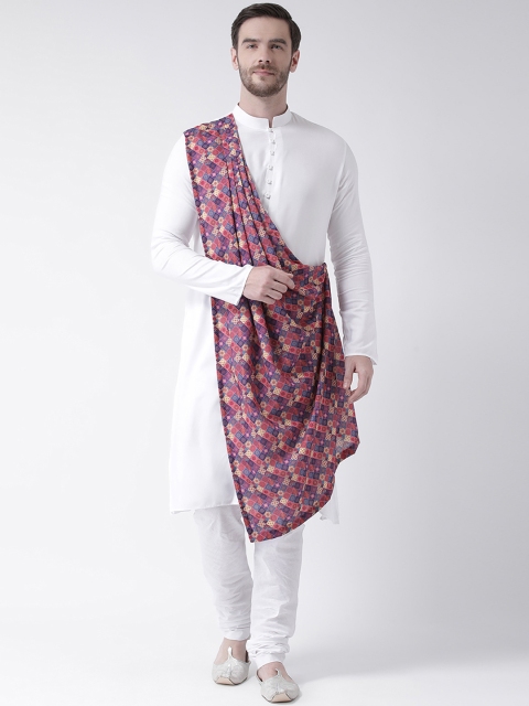 DEYANN Men White & Pink Printed Kurta With Churidar & Attached Dupatta