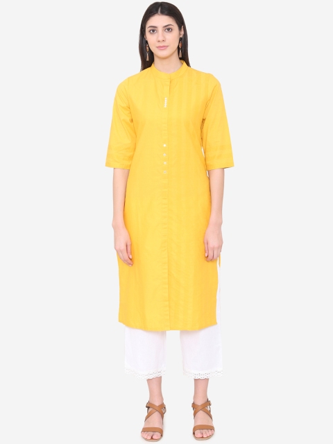 Laabha Women Yellow & White Striped Kurta with Palazzos