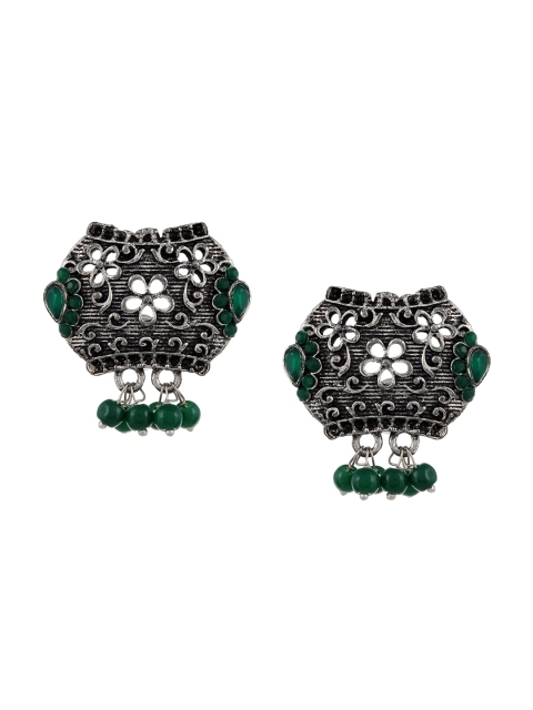 Silvermerc Designs Silver-Plated & Green Feather Shaped Drop Earrings