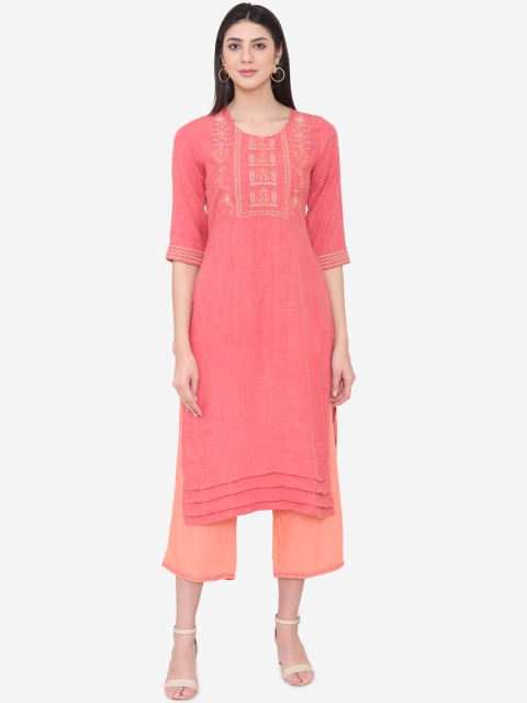 Laabha Women Peach-Coloured Embroidered Kurta with Palazzos
