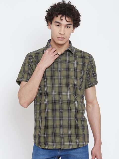 METTLE Men Olive Green Regular Fit Checked Casual Shirt