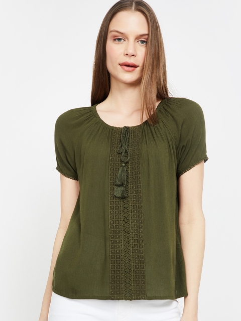 Bossini Women Olive Green Self Design Top