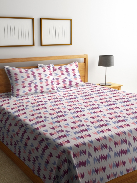 Soumya Unisex Set Of 3 Off-White & Pink Geometric Printed Double Bedcover Set