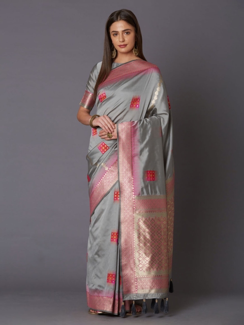 Mitera Grey & Pink Silk Blend Woven Design Banarasi Saree