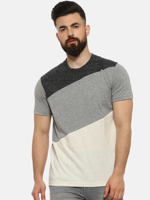 Campus Sutra Men Grey & Cream-Coloured Colourblocked Round Neck T-shirt