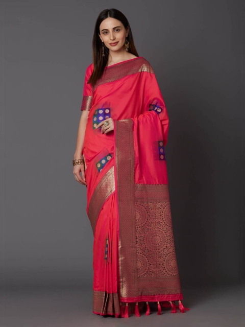 Mitera Pink & Gold-Coloured Silk Blend Woven Design Banarasi Saree