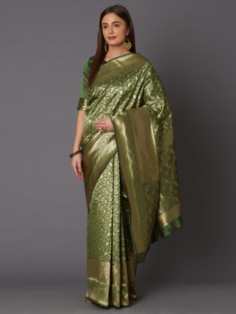 Mitera Olive Green Silk Blend Woven Design Banarasi Saree